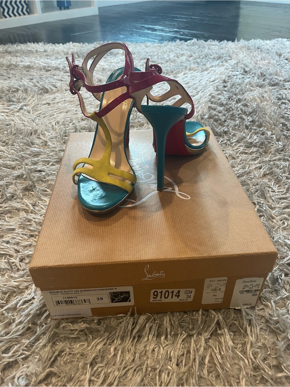 Christian Louboutin Multicolor Strappy Stiletto Sandals - Teal, Yellow, Pink